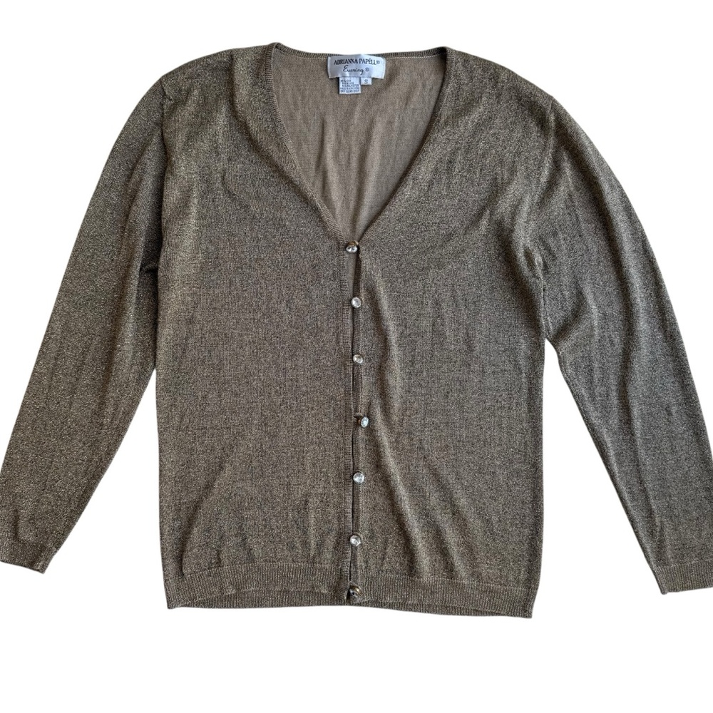 Adrianna Papell Gold Metallic Woven Silk Cardigan Sweater with Crystal Buttons S